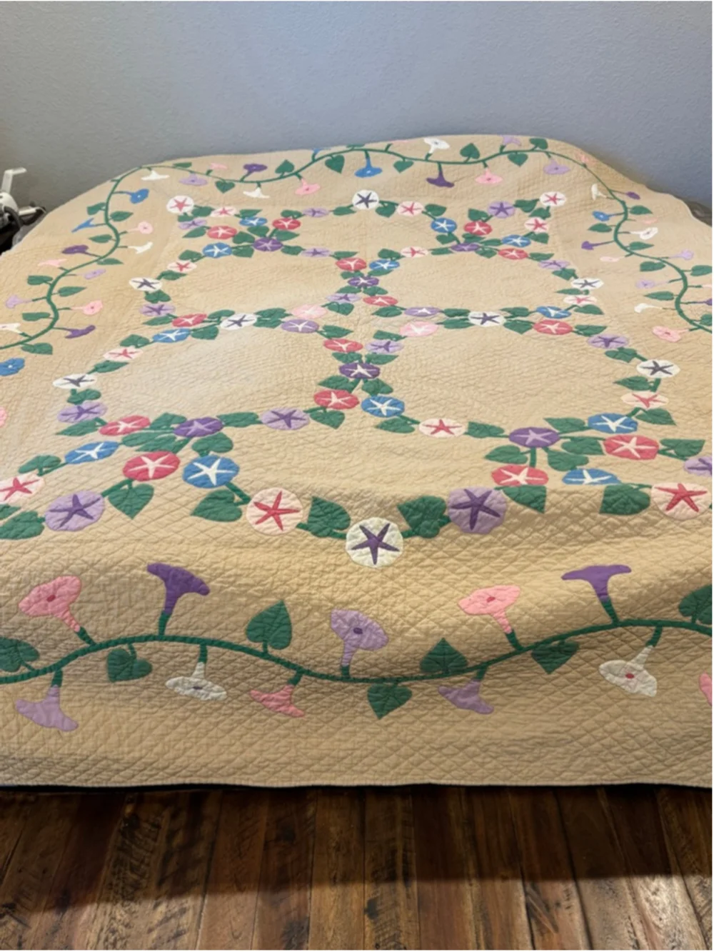 VTG 30’s-40’s Handmade Morning Glory Applique Quilt in Beige Multi 75x97”